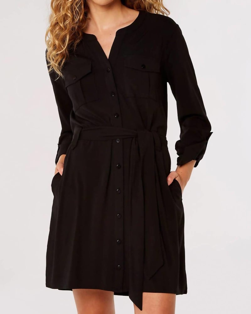 Front of a model wearing a size Lg Long Sleeve Utility Dress In Black in Black by APRICOT. | dia_product_style_image_id:358943